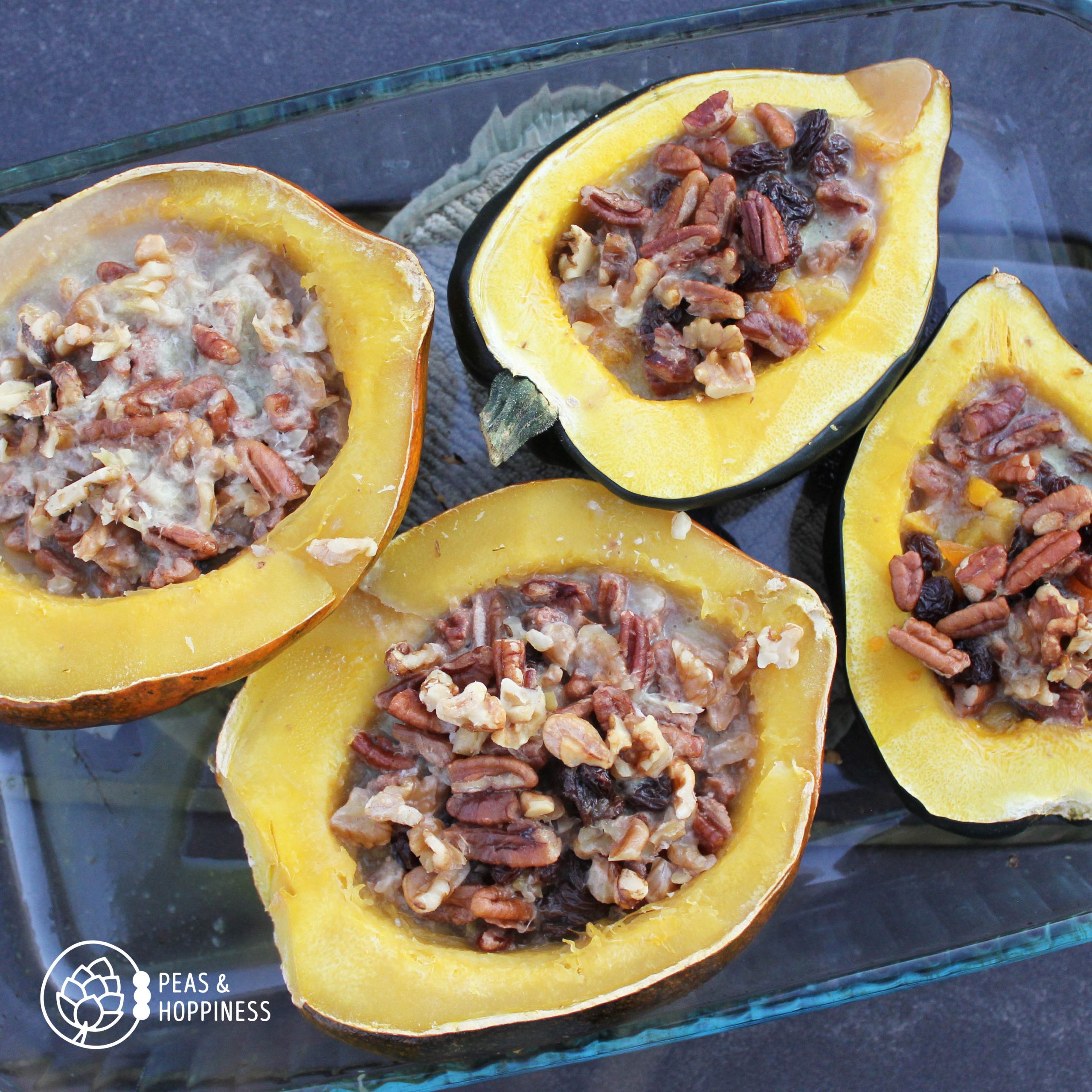 Acorn Squash Stuffed with Dried Fruits and Nuts - Dairy Free Gluten Free Vegan Holiday Recipe from Peas and Hoppiness - Overhead view square