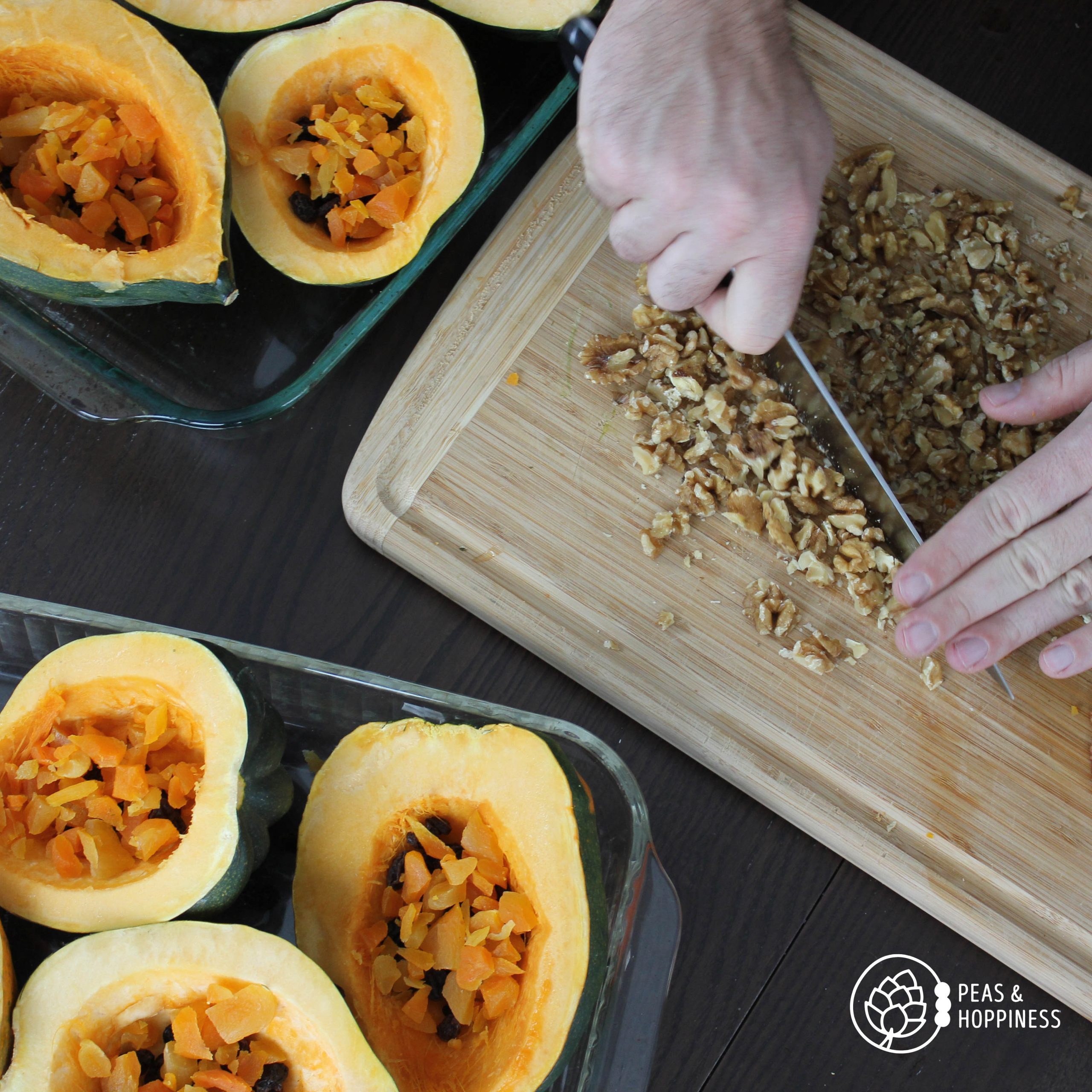 Chopping Walnuts and Pecans for Acorn Squash Stuffed with Dried Fruits and Nuts - Dairy Free Gluten Free Vegan Holiday Recipe from Peas and Hoppiness