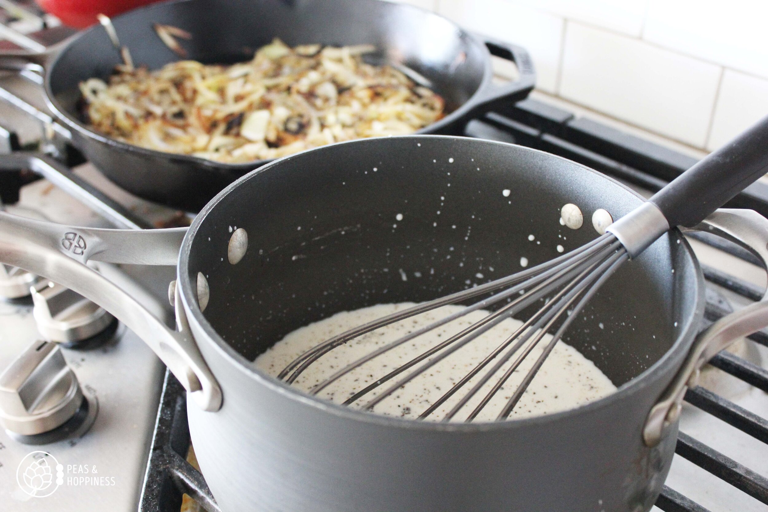Making crispy onions in the background and the substitute for condensed soup in the pot in front.