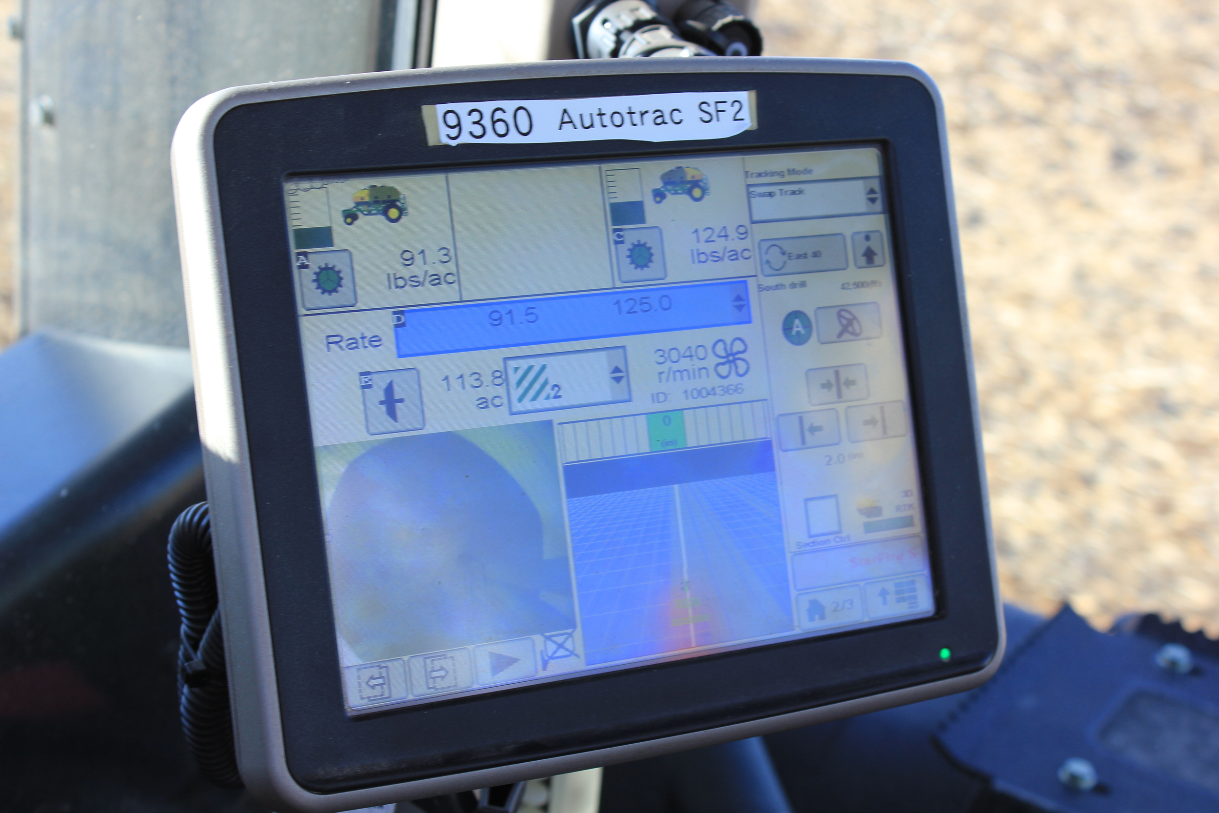 The screen of the GPS unit that shows how seeds are planted and nitrogen is applied at variable rates based on the previous year's yield data