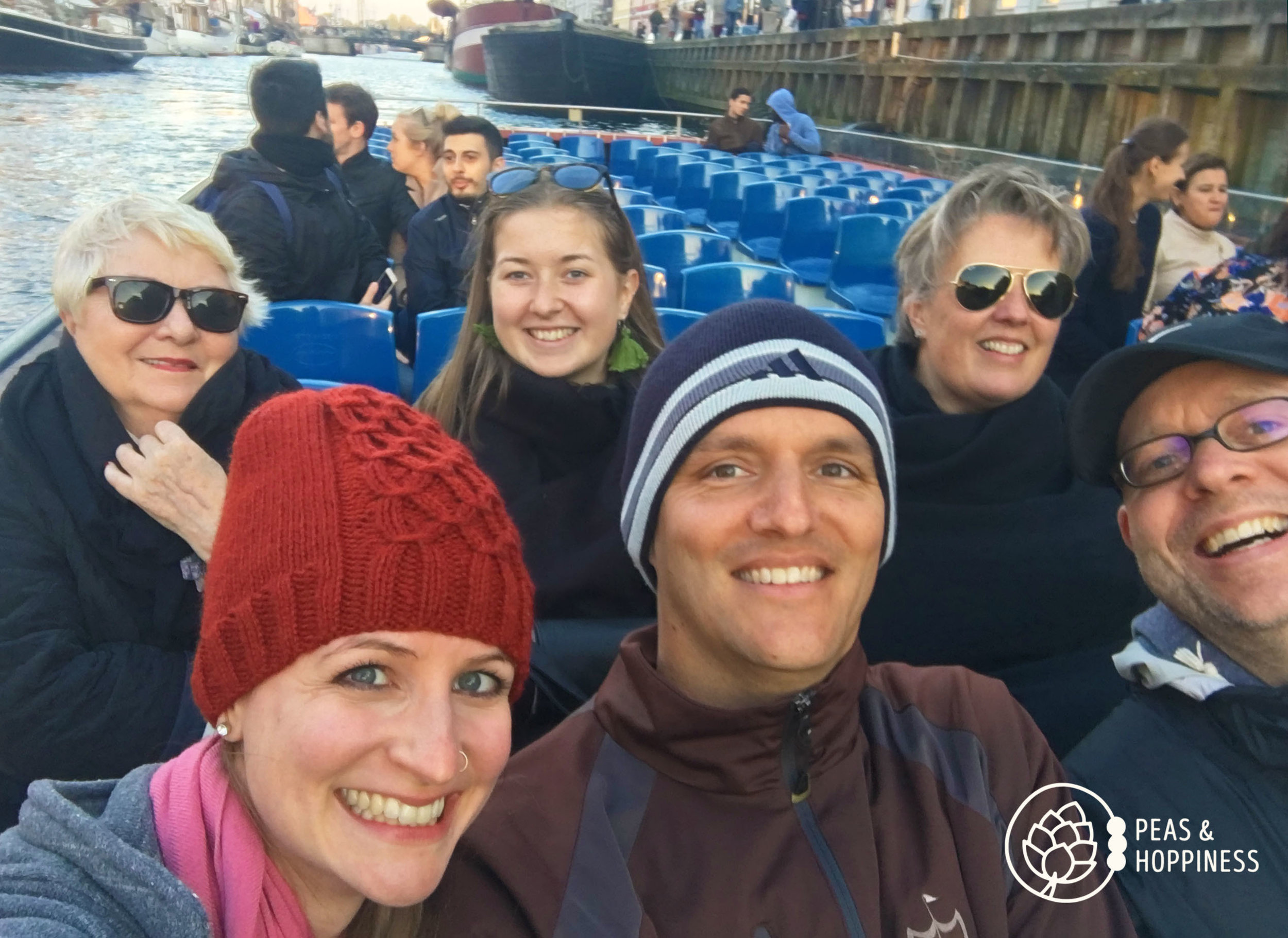 Selfie on the canal tour of us with Pat's Danish family - the best tour guides and hosts we could possibly imagine!