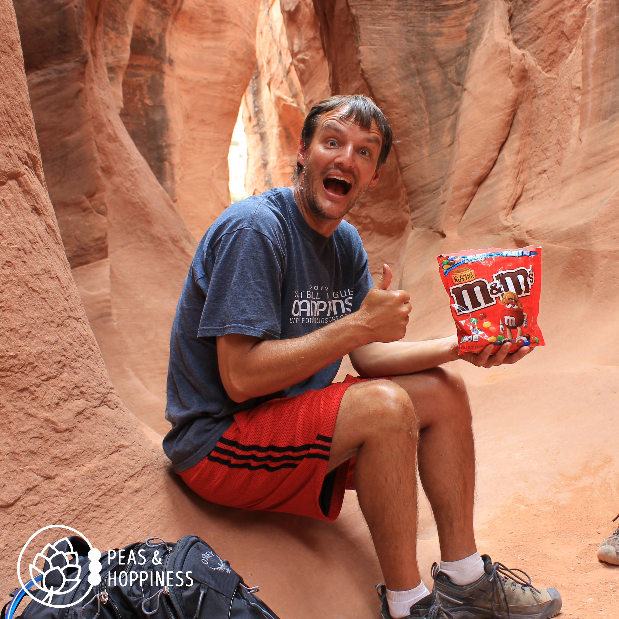 I'm not sure if he's delirious from the sun and lack of calories or if I'm finally rubbing off on him and he's really that excited about peanut butter M&amp;Ms! A tasty treat in the slot canyons