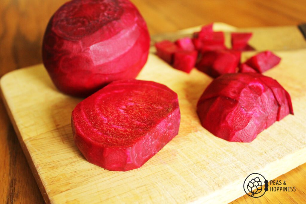 Slicing beets to use in Red, White, and Blue Cheese Patriotic Salad