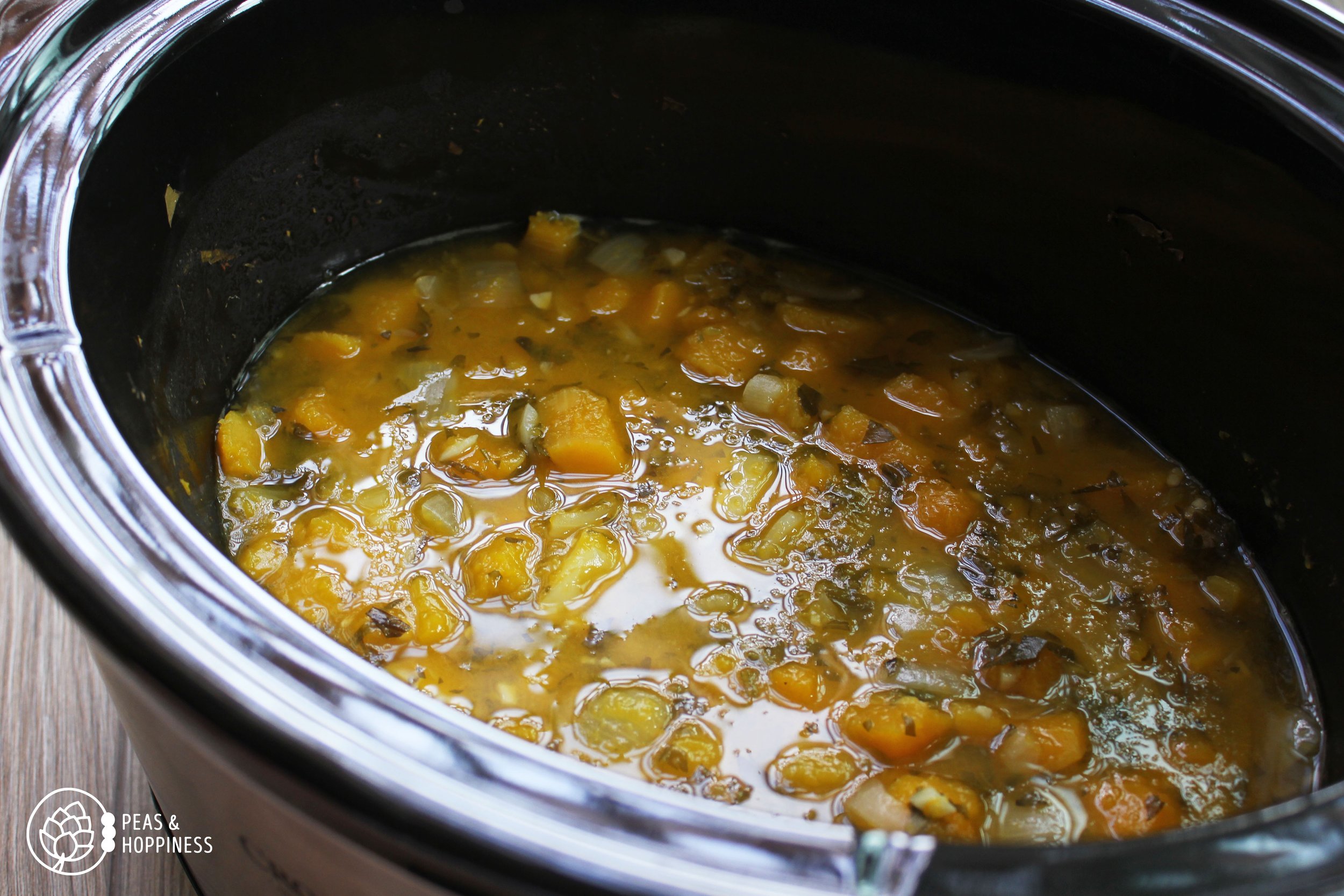 Cooked butternut squash soup in the slow-cooker
