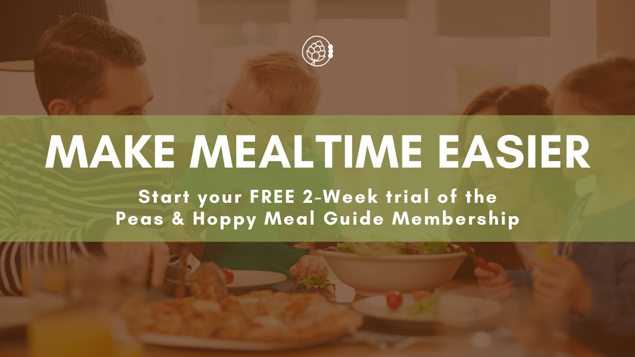 Happy family enjoying dinner together: Make Mealtime Easier with the Peas & Hoppy Meal Guide Membership