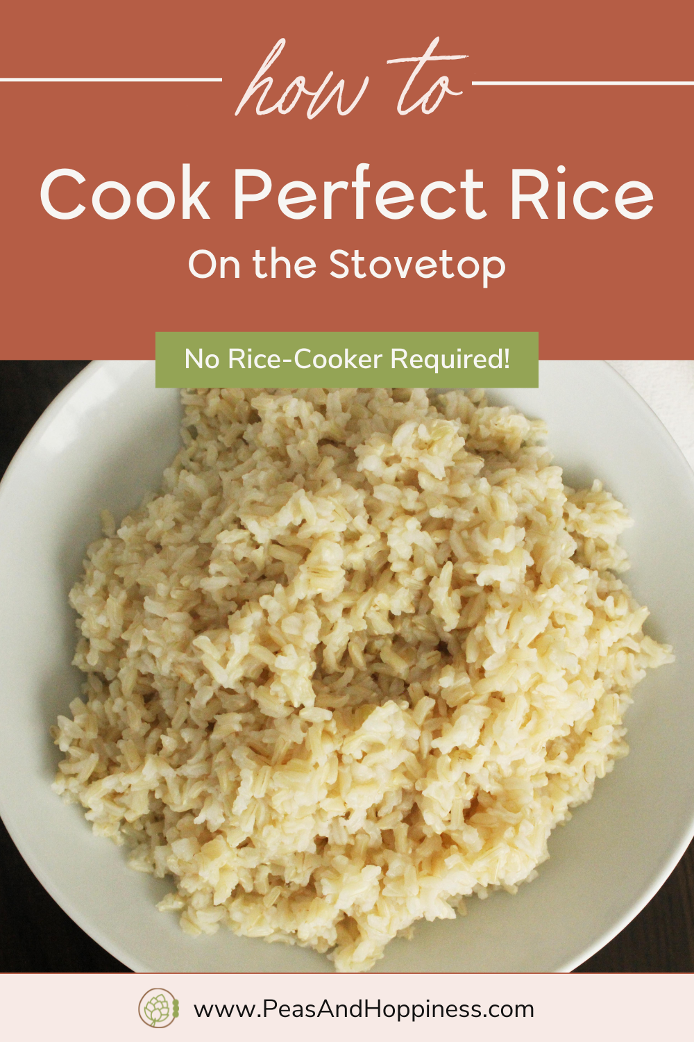 Photo of Brown Rice with Text - How to Cook Perfect Rice on the Stovetop - No Rice-Cooker Required