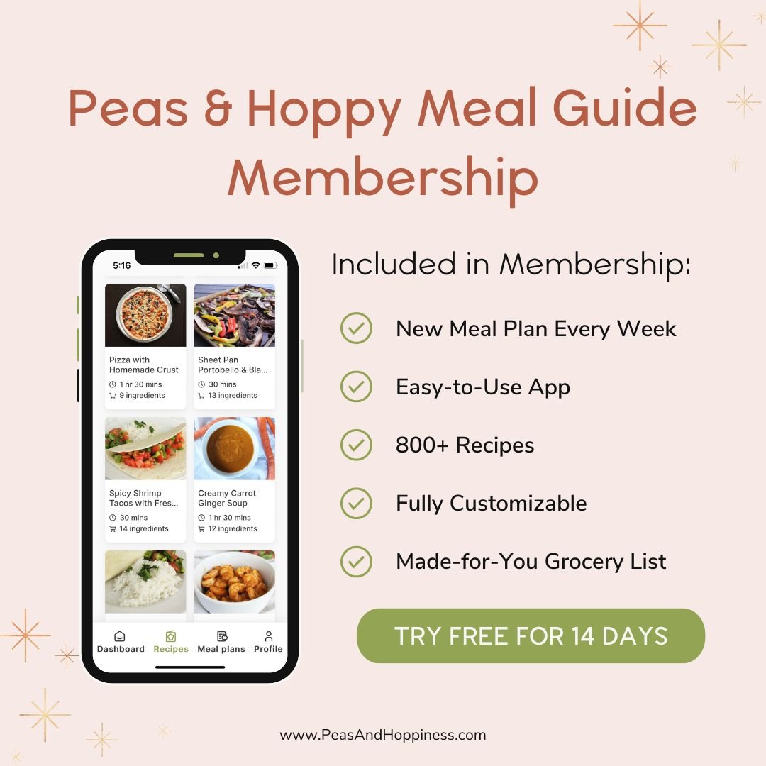 Features and Benefits of the Peas and Hoppy Meal Guide Membership - a healthy family-friendly meal planning service