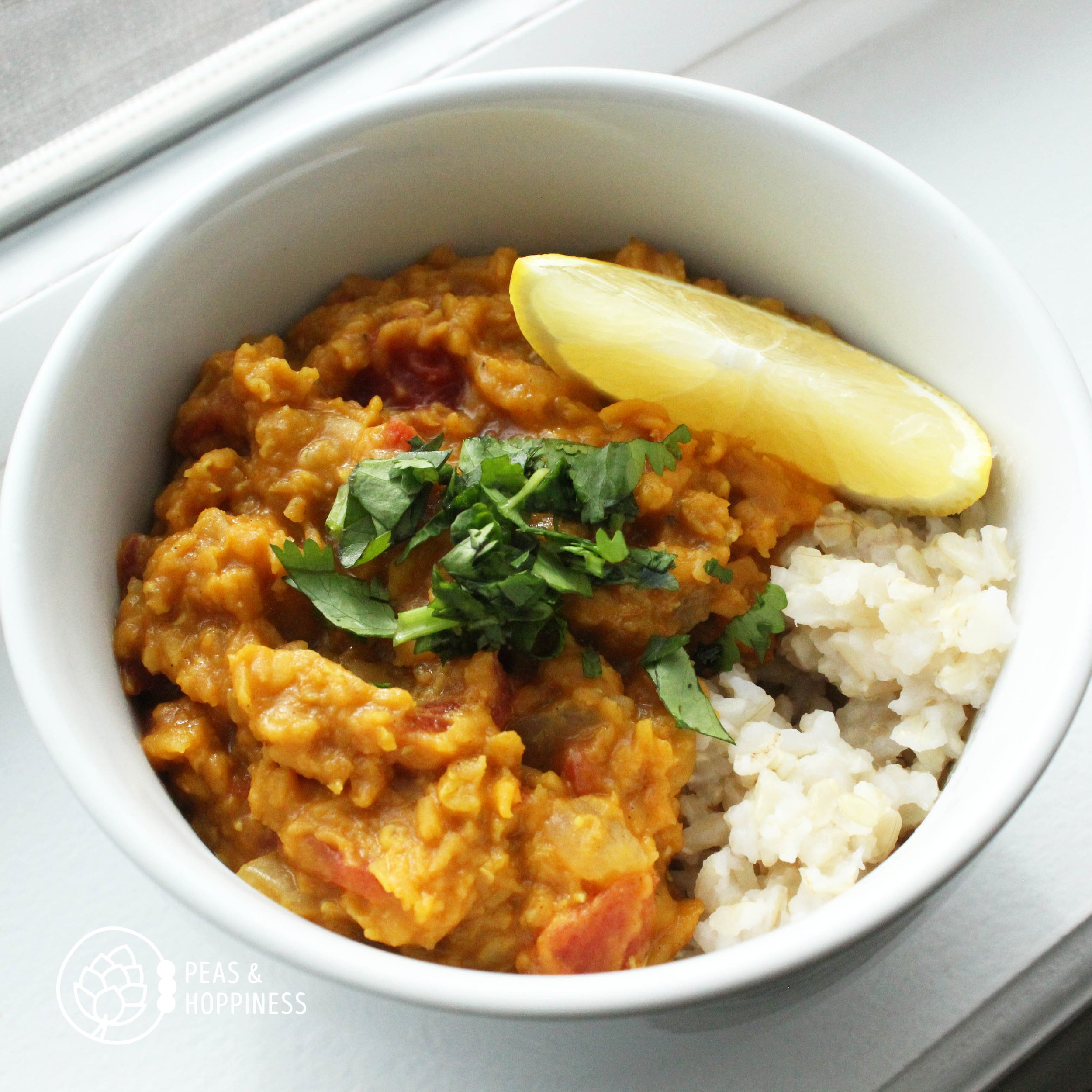 Bowl of Red Lentil Dahl with Brown Rice, Recipe from the Peas & Hoppy Meal Guides