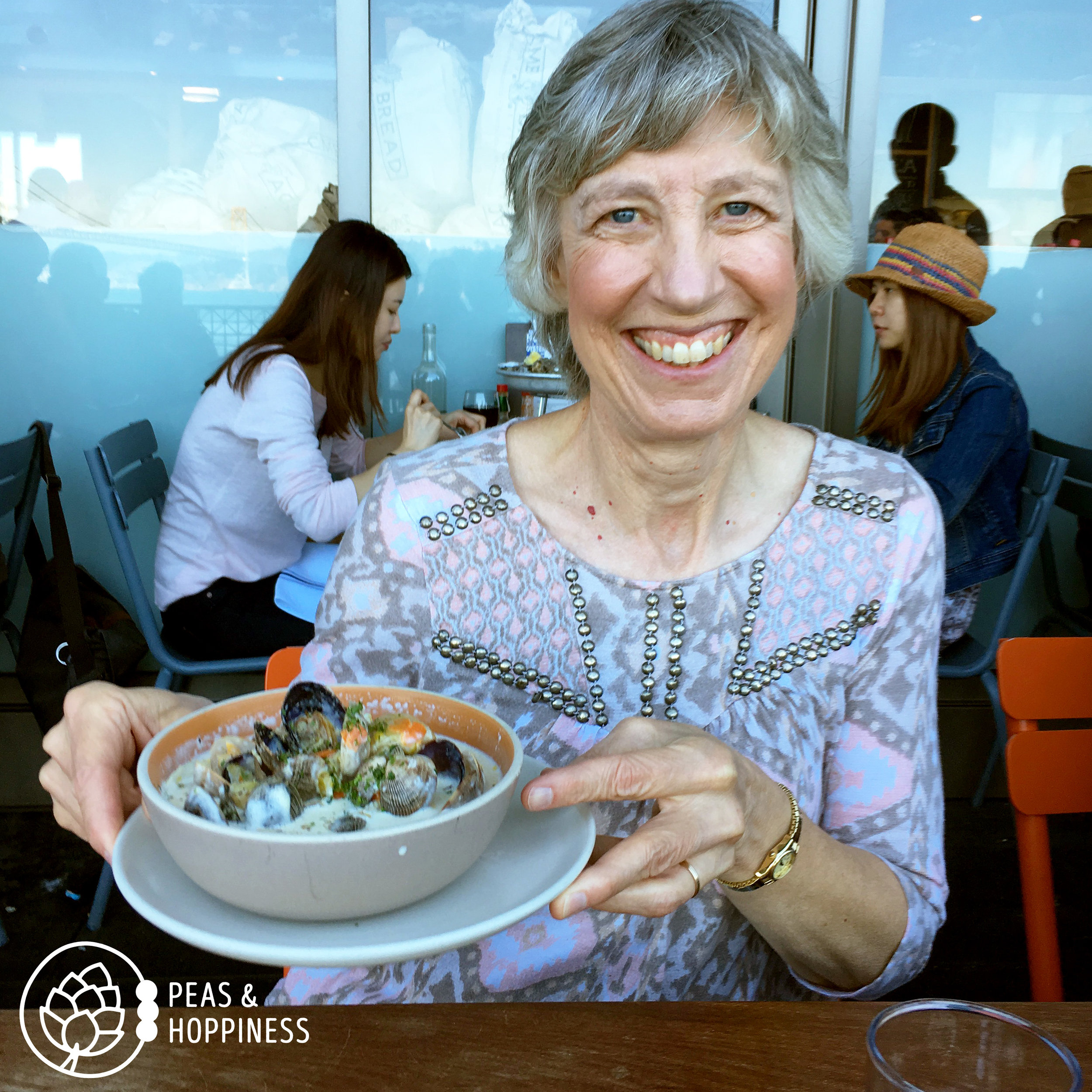 My beautiful mama with gluten-free clam chowder on our Mother/Daughter trip to San Francisco