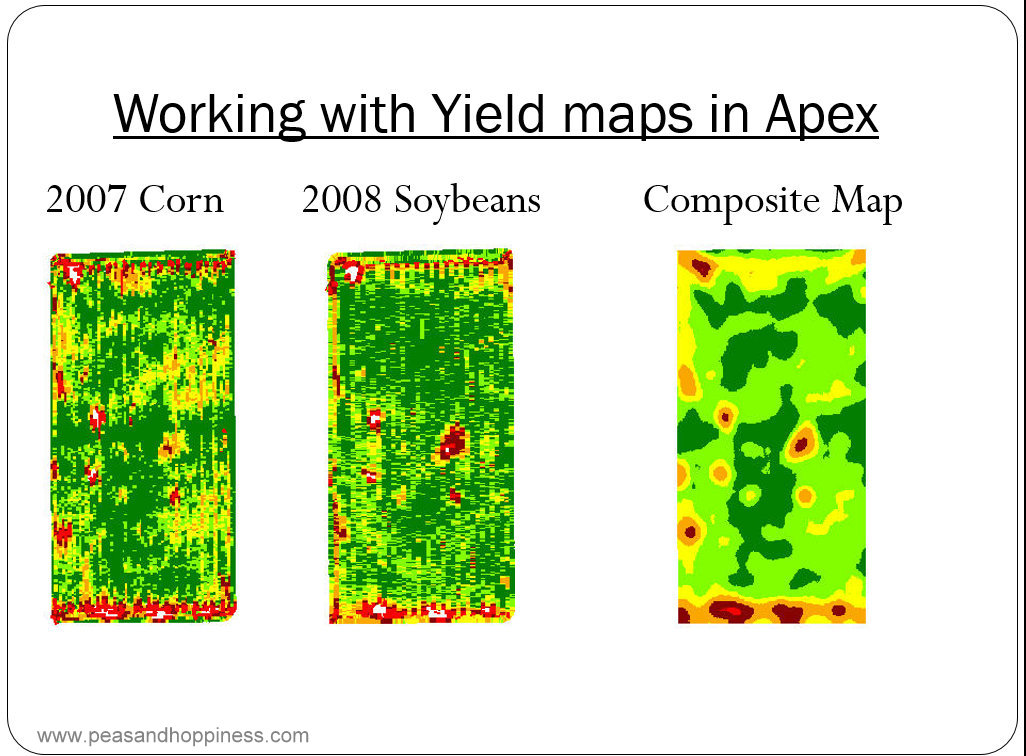 An excerpt from one of Dad's presentation, in which he presents GPS yield map data (different colors represent different yields in 25-foot squares) to identify which parts of the field are more productive.