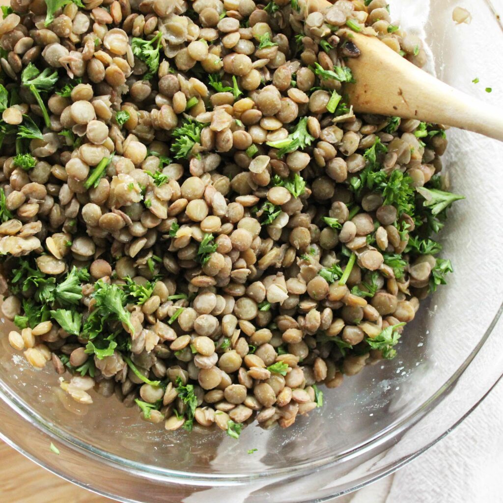 Bowls of brown lentils with fresh parsley sprinkle in
