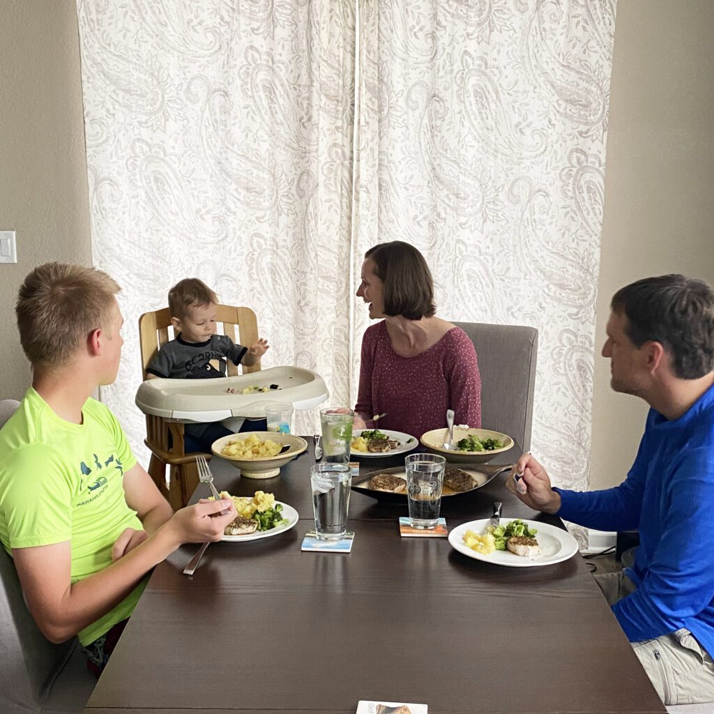 Dietitian Ann Kent and her family eating dinner together
