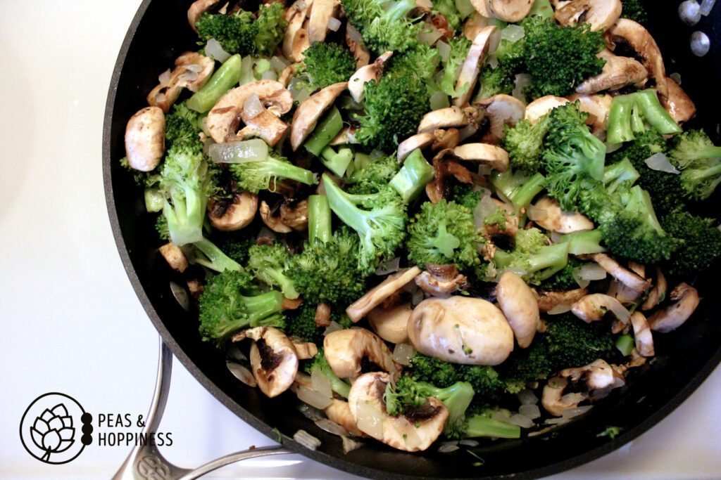 Broccoli and Mushrooms in Large Saute Pan cooking for Casserole