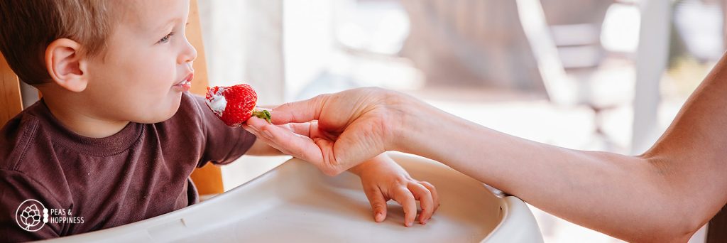 Toddler eating a strawberry